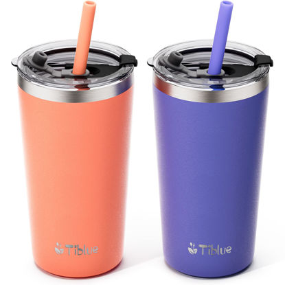 Picture of Tiblue Kids & Toddler Cup - 2 Pack 12oz Spill Proof Stainless Steel Insulated Tumbler with Leak Proof Lid & Silicone Straw with Stopper - BPA FREE Smoothie Snack Drinking Cup for Toddler Girls Boys