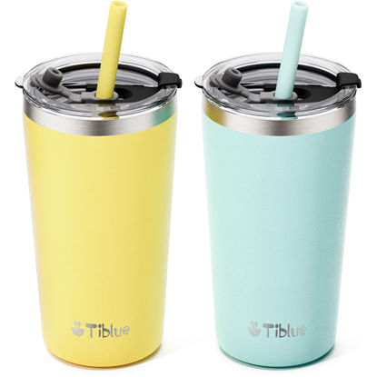 Picture of Tiblue Kids & Toddler Cup - 2 Pack 12oz Spill Proof Stainless Steel Insulated Tumbler with Leak Proof Lid & Silicone Straw with Stopper - BPA FREE Snack Smoothie Baby Drinking Cup for Girls Boys