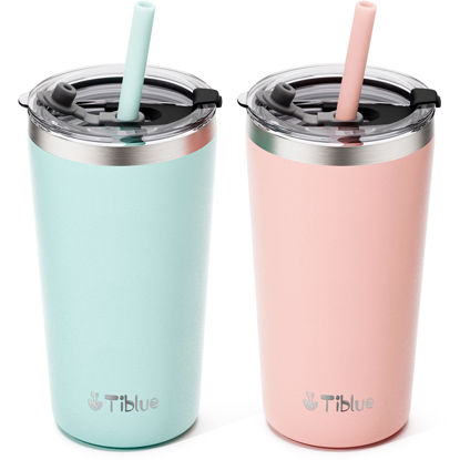 Picture of Tiblue Kids & Toddler Cup - 2 Pack 12oz Spill Proof Insulated Tumbler Stainless Steel Water Bottle with Leak Proof Lid & Silicone Straw with Stopper - BPA FREE Smoothie Snack Cups Baby Drinking Cup