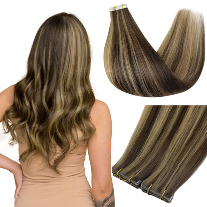 Picture of Full Shine Injected Tape in Hair Extensions 5Pcs Machine Virgin Tape in Extensions Color BM Brown Seamless Invisible Hair Extensions Tape in 14 Inch Injection Tape ins Human Hair Extensions 10Gram