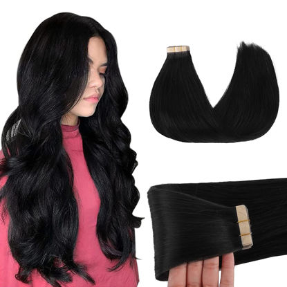 Picture of GOO GOO Tape in Hair Extensions Human Hair, 1 Jet black, 10inch 30g 20pcs, Thick Ends Straight Seamless Tape in, Invisible Tape in Hair Extensions Human Hair