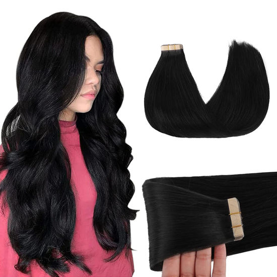 Picture of GOO GOO Tape in Hair Extensions Human Hair, 1 Jet black, 10inch 30g 20pcs, Thick Ends Straight Seamless Tape in, Invisible Tape in Hair Extensions Human Hair