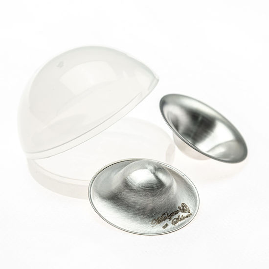 Picture of Moogco The Original Silver Nursing Cups - Nipple Shields for Nursing Newborn - Newborn Essentials Must Haves - Nipple Covers Breastfeeding - 925 Silver (L Silver Nursing Cups with Carrying Case)