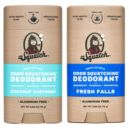 Picture of Men's Natural Deodorant - Aluminum-Free Deodorant from Dr. Squatch - Natural Deodorizer - made w/postbiotics & charcoal - Deodorant for Men - Smell fresh with Coconut Castaway and Fresh Falls (2 Pk)