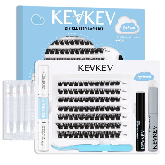 Picture of KevKev DIY Lash Extension Kit Lash Clusters Kit 84 Pcs Cluster Lashes with Lash Bond and Seal Lash Glue Remover Overnighter Seal and Applicator for DIY Eyelash Extension(Typhoon Kit,D-8-16mix)