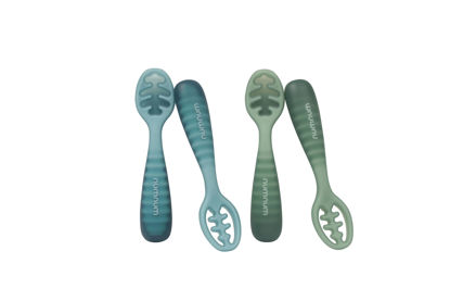 Picture of NumNum GOOtensil Pre-Spoons, Stage 3 Baby Spoon Set - BPA Free Silicone Self Feeding Essentials, Toddler Utensils -Baby Led Weaning Eating Supplies For Kids Ages 1 year+ - 1-Pack, 4 Spoons, Blue/Green