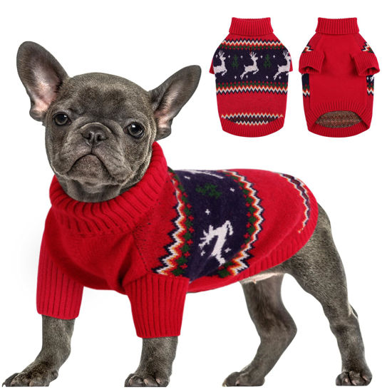 Picture of Queenmore Christmas Dog Sweater,Knitted Pullover Christmas Clothes for Dogs,Turtleneck Dog Christmas Outfit, Warm Dog Sweaters for Small Dogs Boys or Girls L