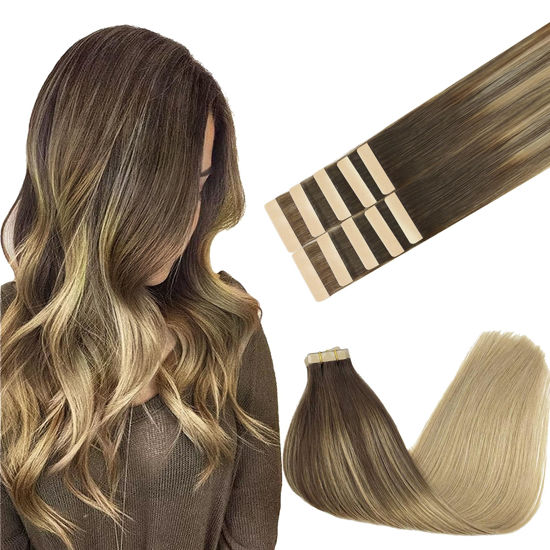 Picture of GOO GOO Tape in Hair Extensions Human Hair, 4/18 Balayage Chocolate Brown Highlighted Dirty Blonde, 16inch 25g 10pcs, Thick Ends Straight Seamless Tape in, Invisible Tape in Hair Extensions Human Hair