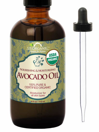 Picture of US Organic Avocado Oil Unrefined Virgin, USDA Certified Organic, 100% Pure & Natural, Cold Pressed, in Amber Glass Bottle w/Glass Eye dropper for Easy Application (4 oz (Large))