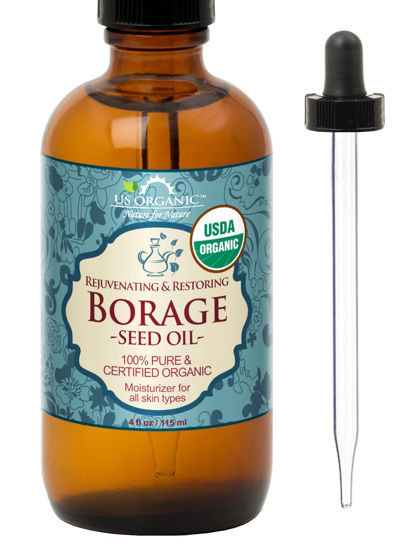 Picture of US Organic Borage seed Oil (18% GLA), USDA Certified Organic, 100% Pure & Natural, Cold Pressed, aka Starflower oil, in Amber Glass Bottle w/Eye dropper for Easy Application (4 oz (115 ml))