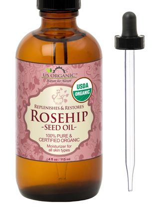 Picture of US Organic Rosehip Seed Oil, USDA Certified Organic, Cold Pressed, Virgin Organic, Amber Glass Bottle and Glass Eye Dropper for Easy Application - 4 oz (115 ml)