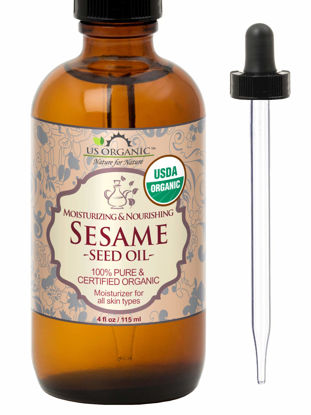 Picture of US Organic Sesame Seed Oil, USDA Certified Organic, Untoasted, Unrefined Virgin, 100% Pure & Natural, Cold Pressed, in Amber Glass Bottle w/Glass Eye dropper, Sourced from Mexico (4 oz (Large))