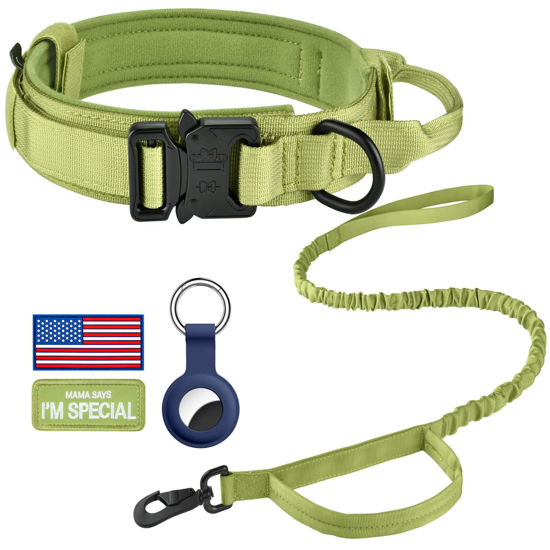 Picture of DAGANXI Tactical Dog Collar, Adjustable Military Training Nylon Dog Collar with Control Handle and Heavy Metal Buckle for Medium and Large Dogs, with Patches and Airtags Case (M, Spring Grass-Set)