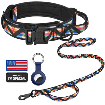 Picture of DAGANXI Tactical Dog Collar, Adjustable Military Training Nylon Dog Collar with Control Handle and Heavy Metal Buckle for Medium and Large Dogs, with Patches & Airtags Case (M, Colorful Triangle-Set)