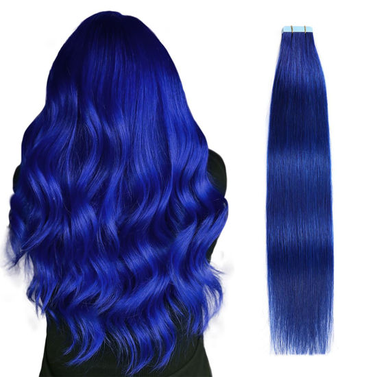 Picture of SUYYA Tape in Hair Extensions Human Hair Blue Tape in Hair Extensions 16 Inch 10PCS/Pack Straight Tape in Extensions 20g