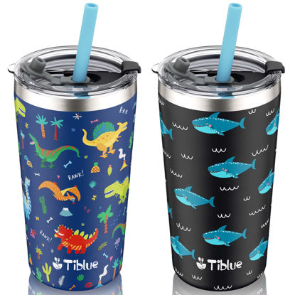 Picture of Tiblue Kids Cup - Spill Proof Stainless Steel Insulated Tumbler for Toddler Girls Boys - BPA FREE Smoothie Drinking Cup with Leak Proof Lid & Silicone Straw with Stopper (2 Pack, 12oz Dinosaur+Shark)