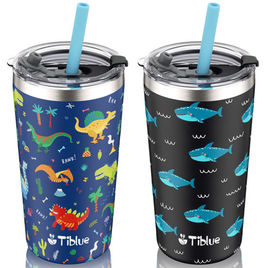 Picture of Tiblue Kids Cup - Spill Proof Stainless Steel Insulated Tumbler for Toddler Girls Boys - BPA FREE Smoothie Drinking Cup with Leak Proof Lid & Silicone Straw with Stopper (2 Pack, 12oz Dinosaur+Shark)