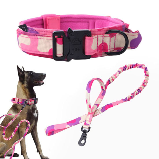 Picture of Tactical Dog Collar and Leash Set Tactical Dog Collar with Handle Bungee Leash Adjustable Military Training Nylon Collar Dog Training Collar Leash Set with Control Handleand Metal Buckle （Pink Camo L