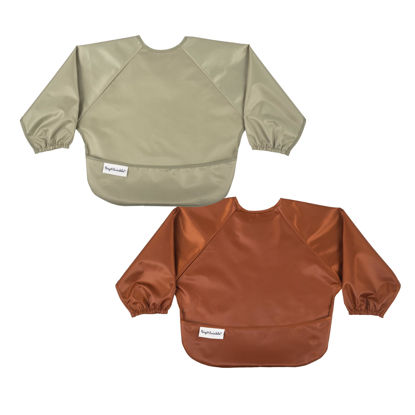 Picture of Tiny Twinkle Mess Proof Baby Bib, 2 Pack Long Sleeve Bib Outfit, Waterproof Bibs for Toddlers, Machine Washable, Tug Proof (Brown Khaki, Small 6-24 Months)