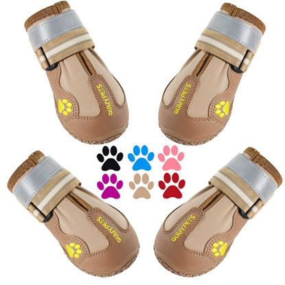 Picture of QUMY Dog Shoes for Large Dogs, Medium Dog Boots & Paw Protectors for Winter Snowy Day, Summer Hot Pavement, Waterproof in Rainy Weather, Outdoor Walking, Indoor Hardfloors Anti Slip Sole Khaki 6