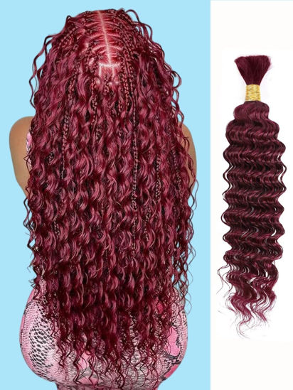 Picture of Burgundy Braiding Hair 1 Bundle 50g 20 Inch Deep Water Wave Bulk Human Hair for Braiding 10A Brazilian Virgin Auburn Curly Human Hair Extensions for Boho Braids Wet and Wavy 99J Red Braiding Hair