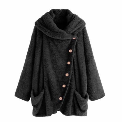 Picture of KASAAS Women's Winter Coats Plus Size Oversized Sherpa Jacket with Hood Pockets Buttons Fall Jacket Warm Clothes Outerwear