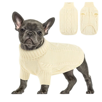 Picture of Queenmore Small Dog Pullover Sweater, Cold Weather Cable Knitwear, Classic Turtleneck Thick Warm Clothes for Chihuahua, Bulldog, Dachshund, Pug (Off White, Medium)