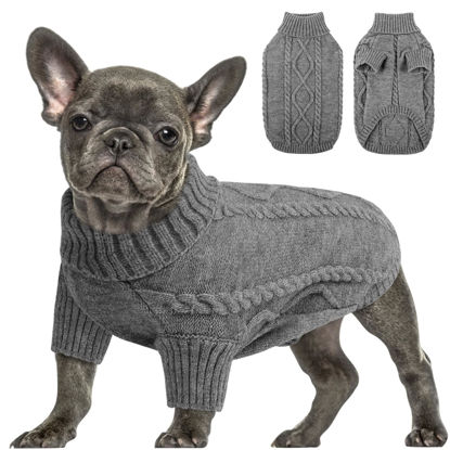 Picture of Queenmore Small Dog Pullover Sweater, Cold Weather Cable Knitwear, Classic Turtleneck Thick Warm Clothes for Chihuahua, Bulldog, Dachshund, Pug (Slate Grey, X-Large)