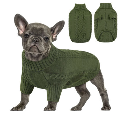 Picture of Queenmore Small Dog Pullover Sweater, Cold Weather Cable Knitwear, Classic Turtleneck Thick Warm Clothes for Chihuahua, Bulldog, Dachshund, Pug (Army Green, Large)