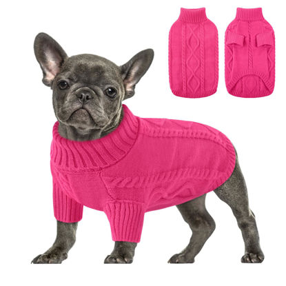 Picture of Queenmore Small Dog Pullover Sweater, Cold Weather Cable Knitwear, Classic Turtleneck Thick Warm Clothes for Chihuahua, Bulldog, Dachshund, Pug (Fuchsia, X-Large)