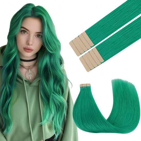 Picture of GOO GOO Tape in Hair Extensions Human Hair, Green, 14inch 25g 10pcs, Colored Tape ins Human Hair Extensions, Silky&Soft Invisible Tape Ins, Hair Highlighted for Party