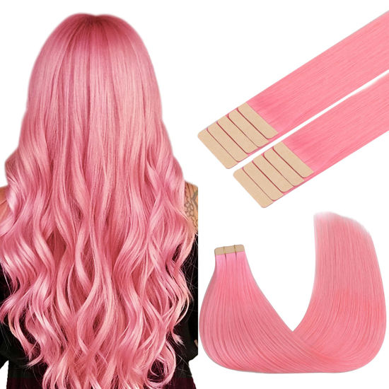 Picture of GOO GOO Tape in Hair Extensions Human Hair, Peach Pink, 14inch 25g 10pcs, Colored Tape ins Human Hair Extensions, Silky&Soft Invisible Tape Ins, Hair Highlighted for Party