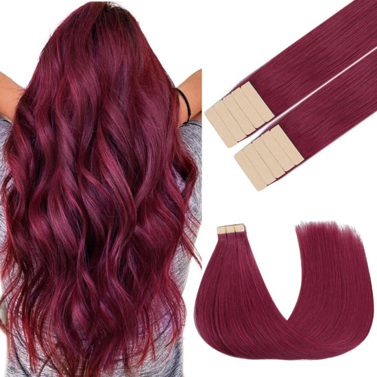 Picture of GOO GOO Tape in Hair Extensions Human Hair, Burgundy Red, 14inch 25g 10pcs, Colored Tape ins Human Hair Extensions, Silky&Soft Invisible Tape Ins, Hair Highlighted for Party