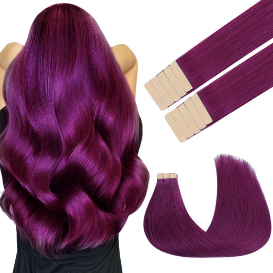 Picture of GOO GOO Tape in Hair Extensions Human Hair, Violet, 14inch 25g 10pcs, Colored Tape ins Human Hair Extensions, Silky&Soft Invisible Tape Ins, Hair Highlighted for Party