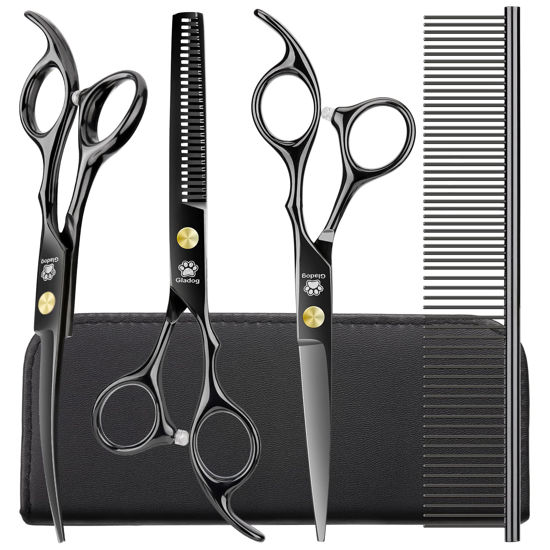 Picture of Dog Grooming Scissors Kit with Safety Round Tips, GLADOG Professional 5 in 1 Grooming Scissors for Dog