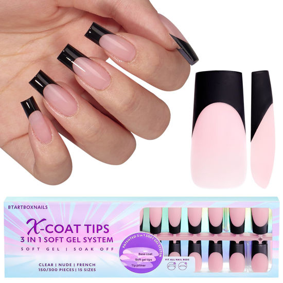 Picture of btartboxnails French Tip Nails Black - 3 In 1 X-coat Tips Square Nail Tips, 150Pcs Soft Gel Nail Tips, 15 Sizes Long Press on Nails, Soak Off Acrylic Nails Nail Extension Set Pink