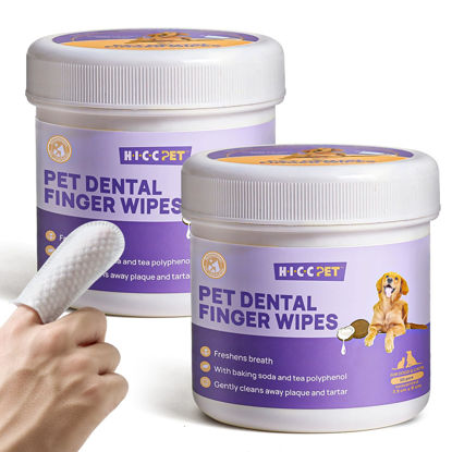 Picture of HICC PET Teeth Cleaning Wipes for Dogs & Cats, Remove Bad Breath by Removing Plaque and Tartar Buildup No-Rinse Dog Finger Toothbrush, Disposable Gentle Cleaning & Gum Care Pet Wipes, 100 Counts