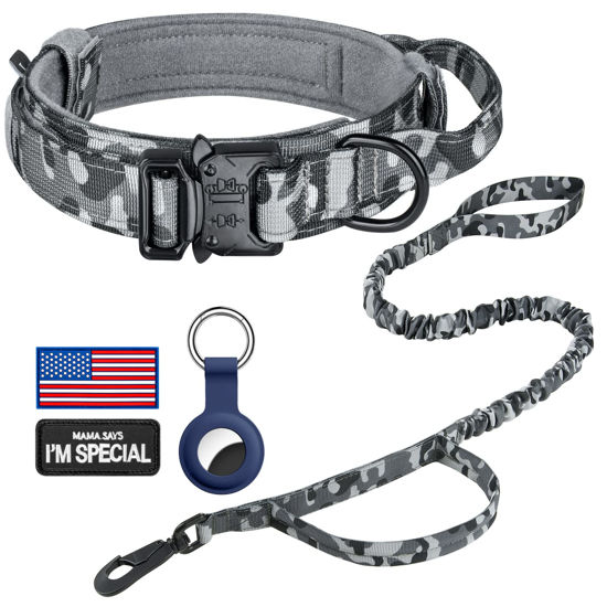 Picture of DAGANXI Tactical Dog Collar, Adjustable Military Training Nylon Dog Collar with Control Handle and Heavy Metal Buckle for Medium and Large Dogs, with Patches and Airtags Case (L, Camo-Set)