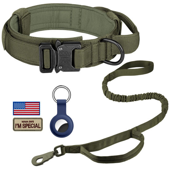 Picture of DAGANXI Tactical Dog Collar, Adjustable Military Training Nylon Dog Collar with Control Handle and Heavy Metal Buckle for Medium and Large Dogs, with Patches and Airtags Case (XL, Green-Set)