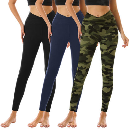 Picture of FULLSOFT Womens Leggings- Crossover Leggings for Women-Yoga Pants (3 Pack)-Tummy Control No See Through Workout Running Tights (3 Pack Black, Army Green Camo, Navy Blue(Cross Waist),Small-Medium)