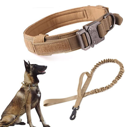 Picture of Tactical Dog Collar and Leash Set Tactical Dog Collar with Handle Bungee Leash Adjustable Military Training Nylon Collar Dog Training Collar Leash Set with Control Handleand Metal Buckle （Brown XL