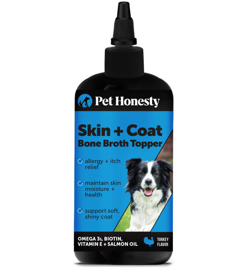 Picture of Pet Honesty Dog Skin and Coat Supplement with Salmon Oil for Dogs - Allergy Itch Relief + Skin & Coat Health, Dog Food Topper Bone Broth with Salmon Oil, Collagen, Biotin + Vitamin E (12 oz)