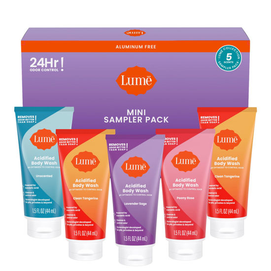 Picture of Lume Acidified Body Wash 5 Pack Minis - 24 Hour Odor Control - Moisturizing - Formulated Without SLS & Parabens - 2 ounce Tubes (Clean Tangerine, Lavender Sage, Peony Rose, Toasted Coconut, Unscented)