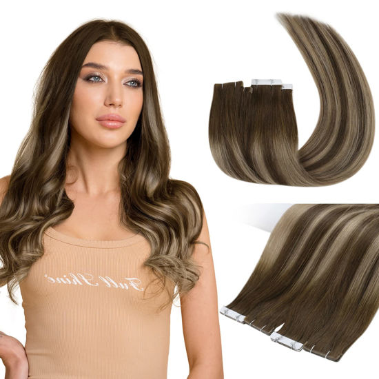 Picture of Full Shine Intact Tape in Hair Extensions Human Hair 5Pcs Injection Virgin Tape in Extensions 16 Inch Color 4 Brown Fading to 27 Blonde And 4 Medium Brown Seamless Hair Extensions Tape in 10G Remy