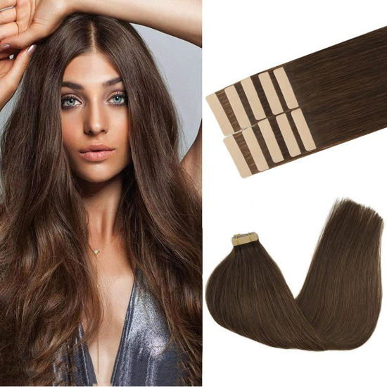 Picture of GOO GOO Tape in Hair Extensions Human Hair, 4A Chocolate Brown, 18inch 25g 10pcs, Thick Ends Straight Seamless Tape in, Invisible Tape in Hair Extensions Human Hair