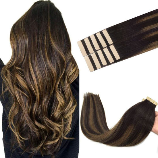 Picture of GOO GOO Tape in Hair Extensions Human Hair, 2/6/2 Balayage Dark Brown to Chestnut Brown, 16inch 25g 10pcs, Thick Ends Straight Seamless Tape in, Invisible Tape in Hair Extensions Human Hair