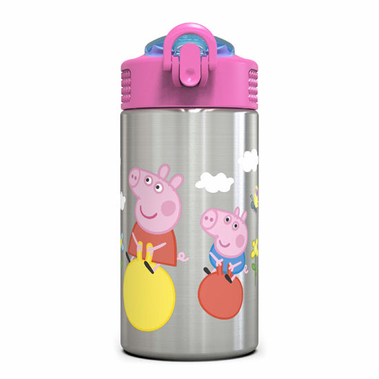 Picture of Zak Designs Peppa Pig 15.5oz Stainless Steel Kids Water Bottle with Flip-up Straw Spout - BPA Free Durable Design, Peppa Pig SS, Single Wall