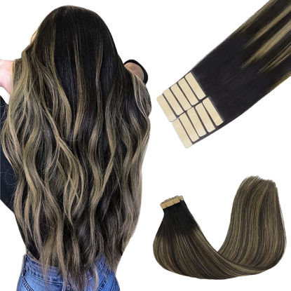 Picture of GOO GOO Tape in Hair Extensions Human Hair, 1B/16/1B Natural Black to Light Blonde,16inch 25g 10pcs, Thick Ends Straight Seamless Tape in, Invisible Tape in Hair Extensions Human Hair