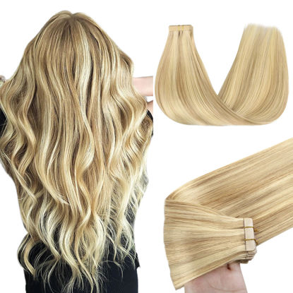 Picture of GOO GOO Tape in Hair Extensions Human Hair, 18D/22F Dirty Blonde Highlights, 10inch 50g 20pcs, Thick Ends Straight Seamless Tape in, Invisible Tape in Hair Extensions Human Hair