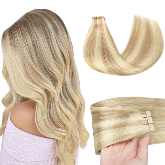 Picture of GOO GOO Tape in Hair Extensions Human Hair, 18A/613A Dark Blonde Highlighted Bleach Blonde, 10inch 30g 20pcs, Thick Ends Straight Seamless Tape in, Invisible Tape in Hair Extensions Human Hair